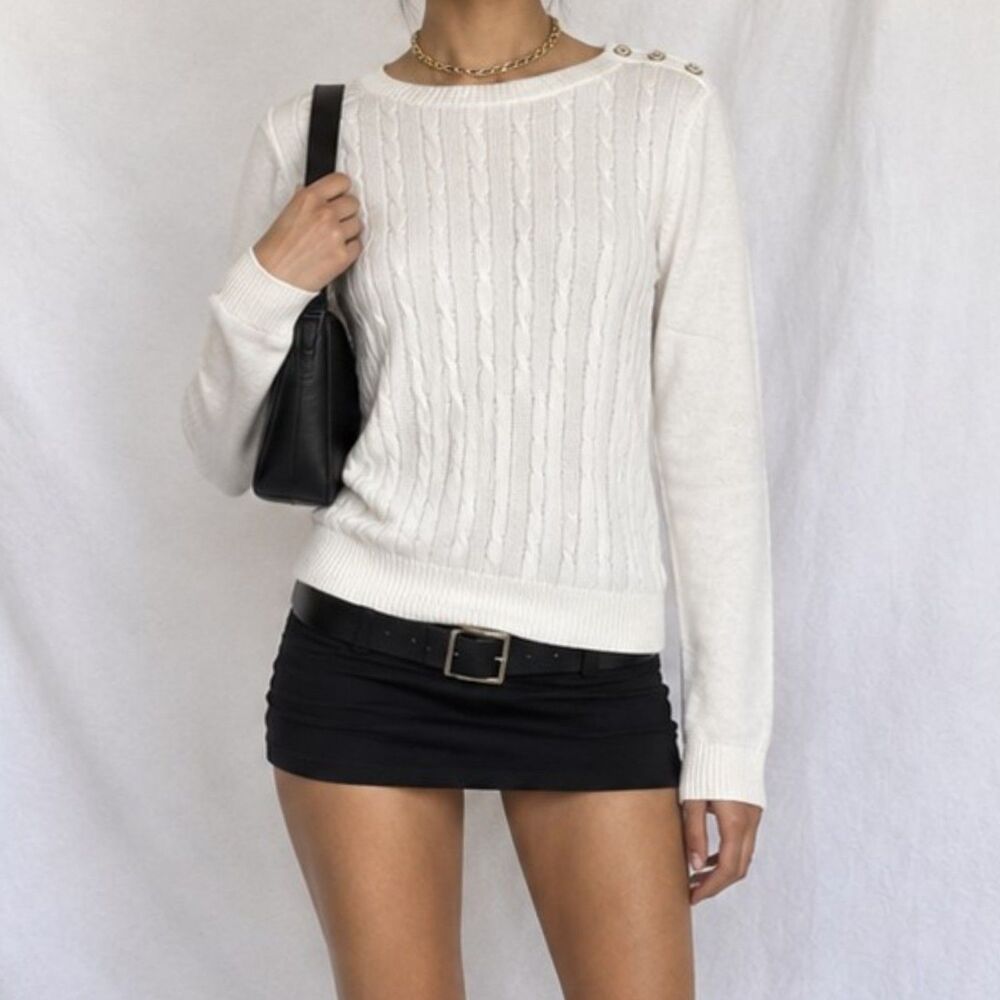 Vintage Talbots Off White Cream Cable Knit Crewneck Button Detail Sweater XS/S